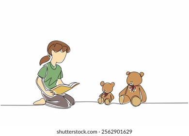 Single continuous line drawing girl sitting on the floor reading a story book to a teddy bear. Very interesting folktale. Share the joy. National Tell a Story Day. One line design vector illustration