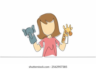 Single continuous line drawing girl playing elephant and giraffe hand puppets in both hands. Fiction story performance practice. Fable. National Day of Puppetry. One line design vector illustration