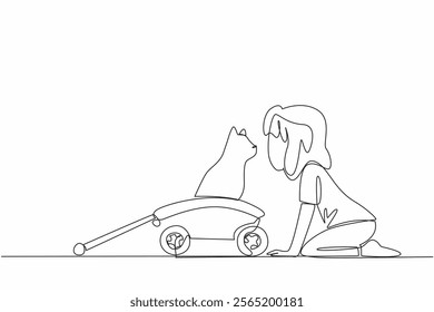 Single continuous line drawing girl kisses a cat standing on a wagon. Enjoy joking around with the beloved cat. Adorable behavior. Cute. National Pet Parents Day. One line design vector illustration