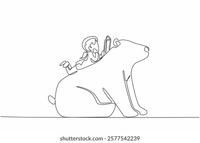 Single continuous line drawing girl reading book on cute polar bear. Lying on stomach reading a book. Reading fiction. The nerd. Girl Reading Book at Animal Back. One line design vector illustration