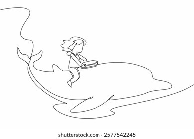 Single continuous line drawing girl reading book on cute dolphin swimming. Observing the smartest aquatic mammal from the book. Girl Reading Book at Animal Back. One line design vector illustration