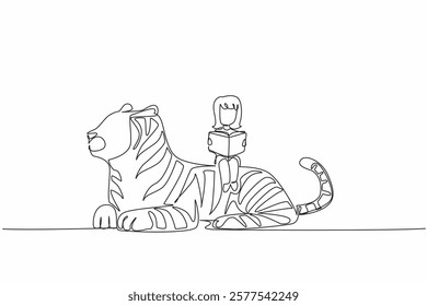 Single continuous line drawing girl reading book on cute tiger. Never stop seeking knowledge. Young girl who loves to study. Nerd. Girl Reading Book at Animal Back. One line design vector illustration