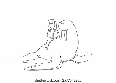 Single continuous line drawing girl reading book on cute walrus. Cultivate interest in reading. Achieve intelligence. The nerd. Girl Reading Book at Animal Back. One line design vector illustration