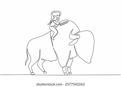 Single continuous line drawing girl reading book on cute bison. Reading with chin propped up. Trying to be serious. The nerd. Girl Reading Book at Animal Back. One line design vector illustration