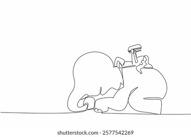 Single continuous line drawing girl reading a book on cute elephant lying down. Study while lying on the back. Education anywhere. Girl Reading Book at Animal Back. One line design vector illustration