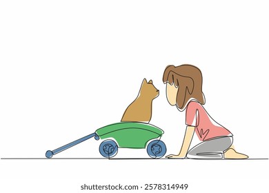 Single continuous line drawing girl kisses a cat standing on a wagon. Enjoy joking around with the beloved cat. Adorable behavior. Cute. National Pet Parents Day. One line design vector illustration