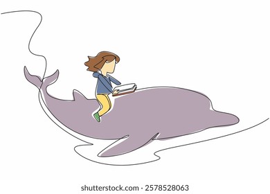 Single continuous line drawing girl reading book on cute dolphin swimming. Observing the smartest aquatic mammal from the book. Girl Reading Book at Animal Back. One line design vector illustration