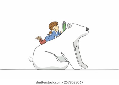 Single continuous line drawing girl reading book on cute polar bear. Lying on stomach reading a book. Reading fiction. The nerd. Girl Reading Book at Animal Back. One line design vector illustration