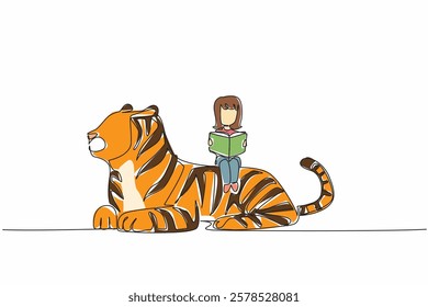 Single continuous line drawing girl reading book on cute tiger. Never stop seeking knowledge. Young girl who loves to study. Nerd. Girl Reading Book at Animal Back. One line design vector illustration