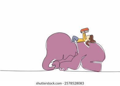 Single continuous line drawing girl reading a book on cute elephant lying down. Study while lying on the back. Education anywhere. Girl Reading Book at Animal Back. One line design vector illustration