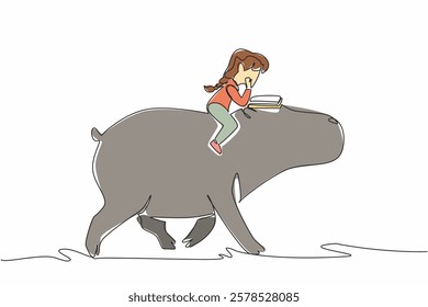 Single continuous line drawing girl reading book on cute hippopotamus. Learn to be closer to nature. Read books very seriously. Girl Reading Book at Animal Back. One line design vector illustration