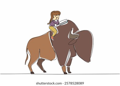 Single continuous line drawing girl reading book on cute bison. Reading with chin propped up. Trying to be serious. The nerd. Girl Reading Book at Animal Back. One line design vector illustration