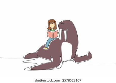 Single continuous line drawing girl reading book on cute walrus. Cultivate interest in reading. Achieve intelligence. The nerd. Girl Reading Book at Animal Back. One line design vector illustration