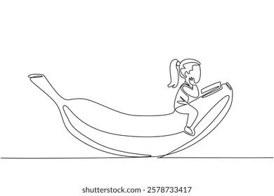 Single continuous line drawing girl reading on banana. Read the exciting experience of playing banana boat. Embracing. Girl Reading Book at Vegetables and Fruits. One line design vector illustration