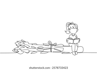 Single continuous line drawing girl reading on asparagus. Seriously read about the benefits of asparagus for the body. Girl Reading Book at Vegetables and Fruits. One line design vector illustration
