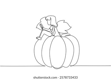 Single continuous line drawing girl reading on pumpkin leaf. Read history of the beginning of the Halloween celebration. Girl Reading Book at Vegetables and Fruits. One line design vector illustration