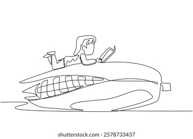 Single continuous line drawing girl reading on corn. Find out the best season to plant corn seeds to make them sweet. Girl Reading Book at Vegetables and Fruits. One line design vector illustration