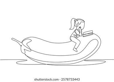 Single continuous line drawing girl reading on eggplant. Looking for a way to make eggplant more delicious when cooked. Girl Reading Book at Vegetables and Fruits. One line design vector illustration