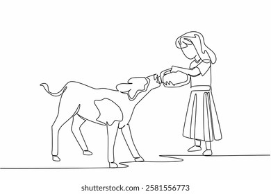 Single continuous line drawing girl holding a large milk bottle and giving it to a calf. Take care of the cow patiently until it grows big. National Open Farm Day. One line design vector illustration