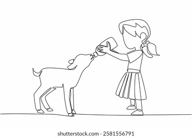 Single continuous line drawing girl holding a milk bottle in her hand and giving it to the lamb. The best milk for the growth of lambs. National Open Farm Day. One line design vector illustration