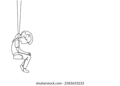 Single continuous line drawing girl sitting hunched over on a swing. Victim of bullying. No place to tell stories. Loneliness. Childhood Depression Awareness Day. One line design vector illustration