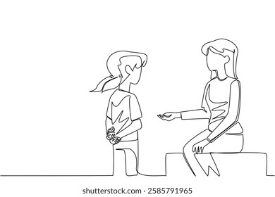 Single continuous line drawing girl holding cupcake behind back and wants to give to mother. Thank you cake for beloved mother. National Give Someone a Cupcake Day. One line design vector illustration