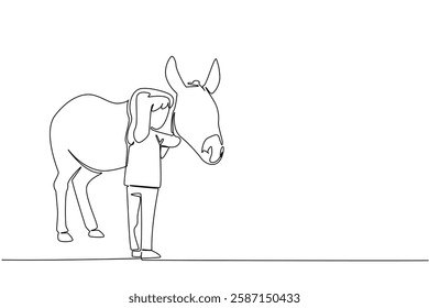 Single continuous line drawing girl is hugging donkey. Both are funny. Love livestock. Admire fighting spirit. Simple happiness. Friendly. Cute. World Donkey Day. One line design vector illustration