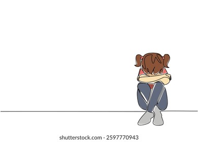 Single continuous line drawing girl sitting on the floor with her head bowed. Missing the love of parents very much. Loneliness. Childhood Depression Awareness Day. One line design vector illustration