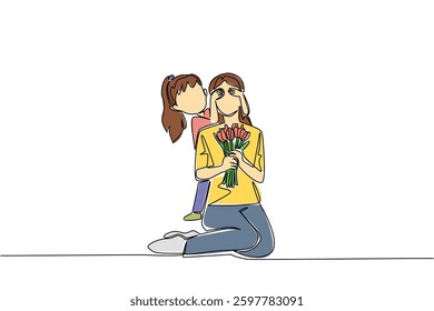 Single continuous line drawing a girl covers eyes of mother with both hands from behind. Give beautiful flowers to the most beautiful mother. Love. Day of Mother. One line design vector illustration