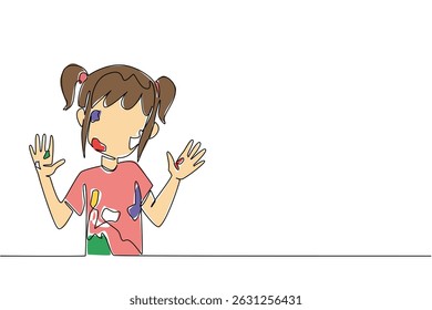 Single continuous line drawing a girl wear tshirt shows her hands and face which are full of scribbles. Dirty becomes a good thing. Creative. Happy. Drawing Day. One line design vector illustration