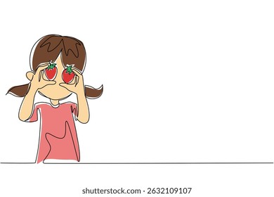 Single continuous line drawing a girl holds a strawberry in both hands and puts it in front of her eyes. Small but very refreshing. National Pick Strawberries Day. One line design vector illustration