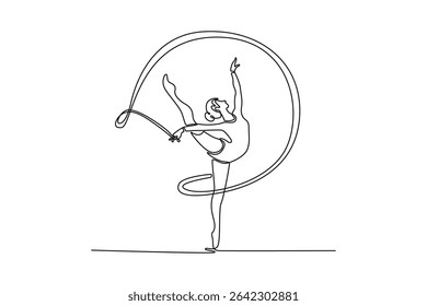 Linha única contínua desenho menina ginasta trens com uma fita de ginástica na arena profissional. Beleza, arte, esporte, competição e hobbies. Ilustração de vetor de design gráfico de desenho dinâmico de uma linha