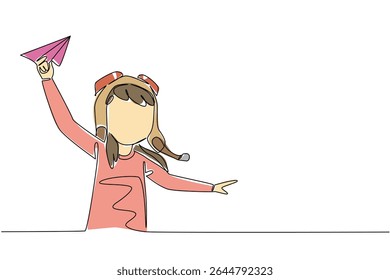 Uma garota de desenho de linha contínua usando capacete piloto segura um avião de papel. Assumir o papel de ser a primeira mulher piloto no mundo. Dia Nacional do Avião de Papel. Ilustração de vetor de design de uma linha