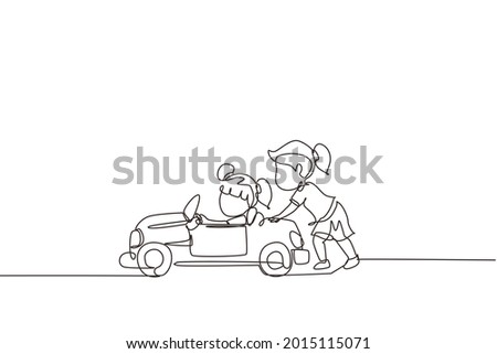 Single continuous line drawing a girl is pushing her friend's car in the road. Kids play with big toy car together. Sibling having fun with at backyard. Dynamic one line draw graphic design vector