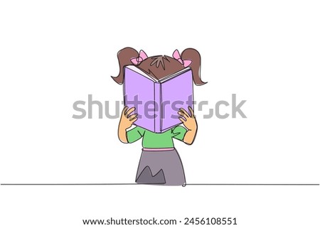 Single continuous line drawing girl seriously reading a book until cover the face. Nervous when facing the final exams. Try to focus. Reading increases insight. One line design vector illustration