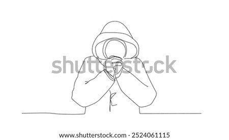 Single continuous line drawing girl or boy  Wearing a Winter Hat and Scarf feels shivering from the cold. People hate winter cold weather. Hand made vector not AI.
