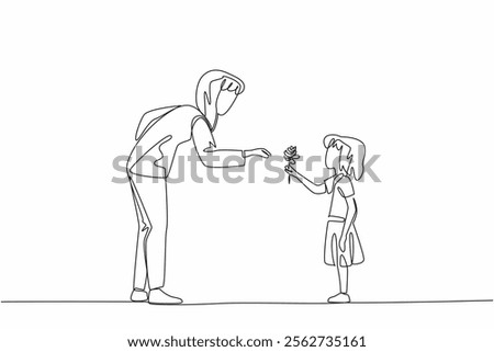 Single continuous line drawing a girl gives a rose to her mother. Express gratitude for the great service through flowers. A sign of love for mom. Good Deeds Day. One line design vector illustration
