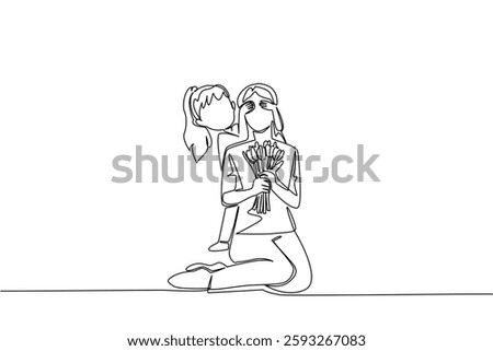 Single continuous line drawing a girl covers eyes of mother with both hands from behind. Give beautiful flowers to the most beautiful mother. Love. Day of Mother. One line design vector illustration