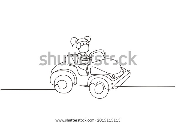 Single continuous line drawing girl driving\
car, happy cute child. Little girl smiling happy driving toy car.\
Children\'s trip in small car. Dynamic one line draw graphic design\
vector illustration
