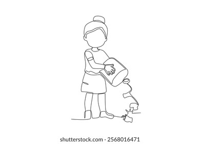 Single continuous line drawing of girls who litter.One line draw graphic design vector illustration
