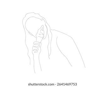  Single continuous line drawing of  Glad positive woman holds tasty frozen ice cream, enjoys eating delicious cold dessert, poses on yellow background, feels happy.    Hand made vector not Al.