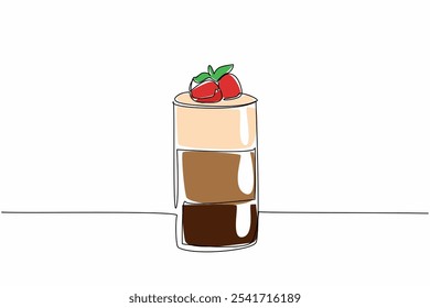 Línea continua de dibujo de vidrio de mousse de chocolate con capas de color y cobertura de fresa. Delicioso sabor agridulce. Día Nacional de la Mousse de Chocolate. Ilustración vectorial de diseño de una línea