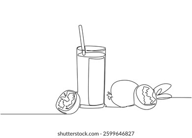 Single continuous line drawing a glass of guava juice with a straw in the glass and pieces of guava. Control blood sugar levels. Fresh. National Juice Slush Day. One line design vector illustration