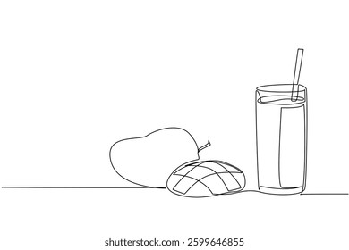 Single continuous line drawing glass of mango juice with a straw in the glass. Delicious and vitamin rich mango smoothie. Fresh. Sweet. National Juice Slush Day. One line design vector illustration