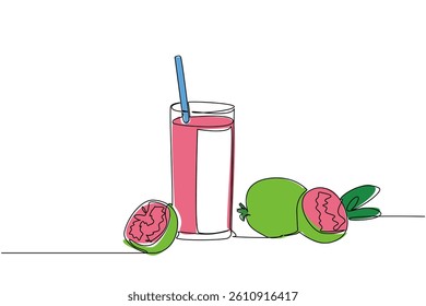 Single continuous line drawing a glass of guava juice with a straw in the glass and pieces of guava. Control blood sugar levels. Fresh. National Juice Slush Day. One line design vector illustration