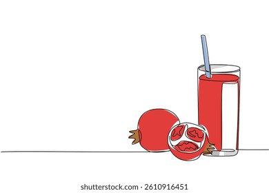 Single continuous line drawing glass of pomegranate juice with a straw in the glass. Delicious. Vitaminized. Contains potassium. Tasty. National Juice Slush Day. One line design vector illustration