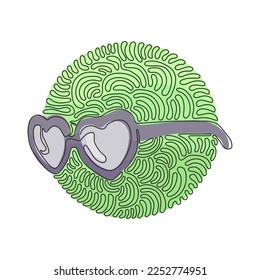 Single continuous line drawing glasses in shape hearts. Valentine's Day and love. Fashion and style, accessories. Swirl curl circle background style. One line draw graphic design vector illustration