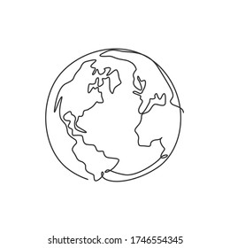 Single continuous line drawing of global sphere of world globe for educational knowledge. Planet logotype symbol template concept. Dynamic one line draw graphic vector illustration outer space science