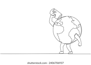 Single continuous line drawing globe drinking oil drums. Exploiting natural resources can also damage earth. Dangerous to earth. The extinction of the ecosystem. One line design vector illustration