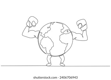 Single continuous line drawing globe raised both hands which wearing boxing gloves. Always enthusiastic to fight to preserve the beauty of nature. Save the planet. One line design vector illustration